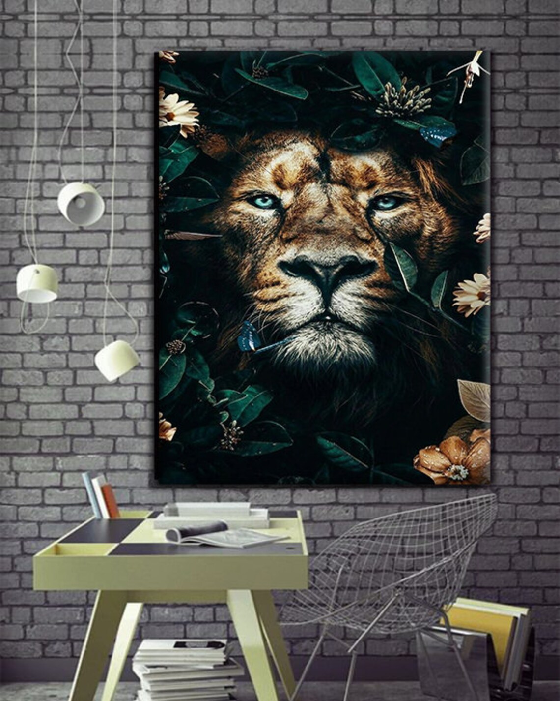 Lion Face Emerging Dark Jungle Leaves Flowers Dramatic Wildlife Portrait Poster - Image 4