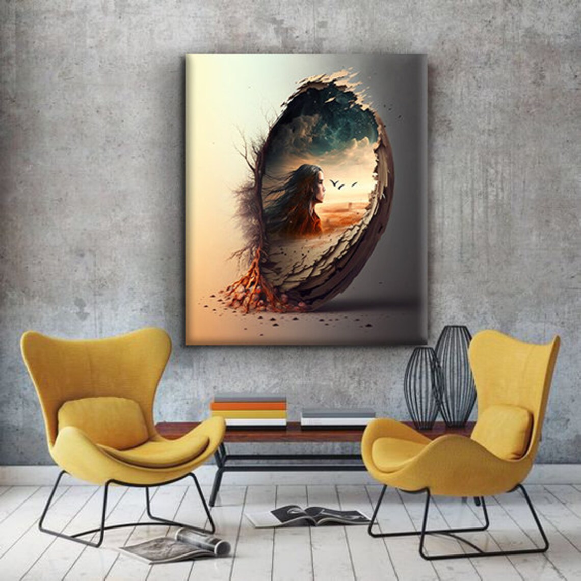 Surreal Woman Profile Cracked Eggshell Desert Dream World Art Print - Image 2