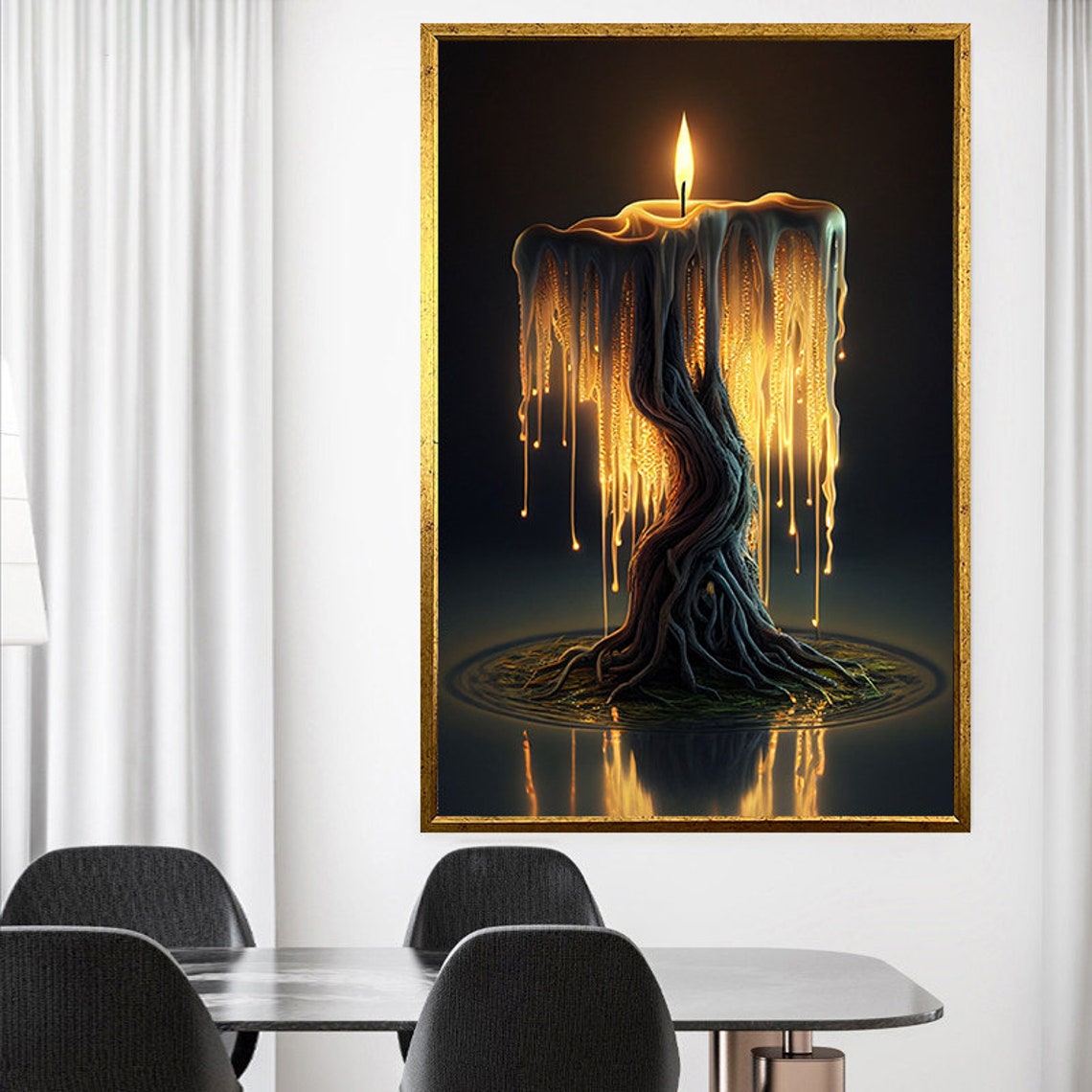 Surreal Melting Candle Tree Golden Wax Dripping Dark Fantasy Wall Art - Image 2