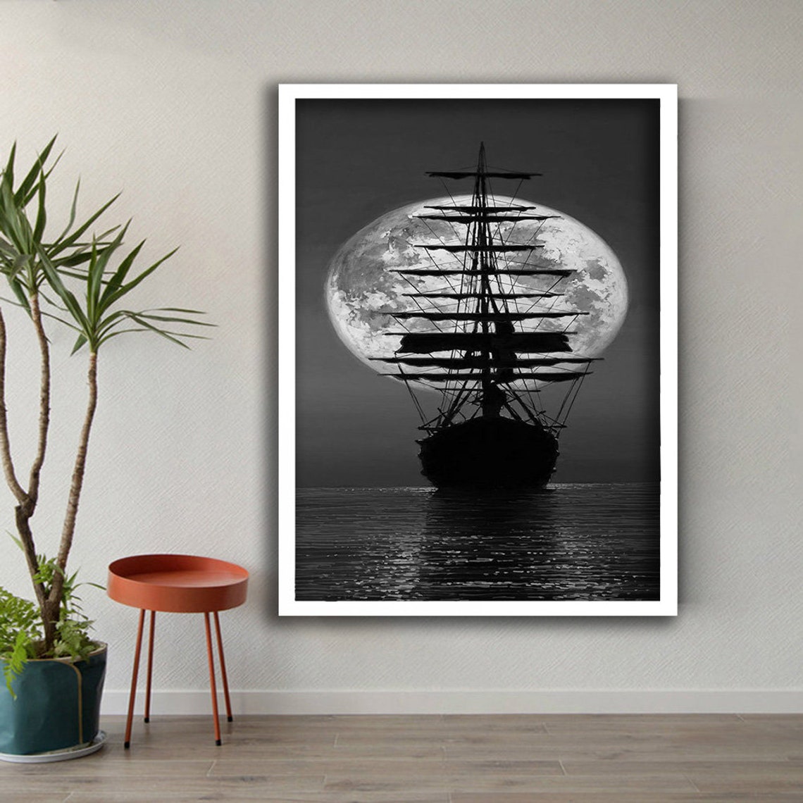 Tall Sailing Ship Silhouette Full Moon Night Ocean Wall Art Poster - Image 3