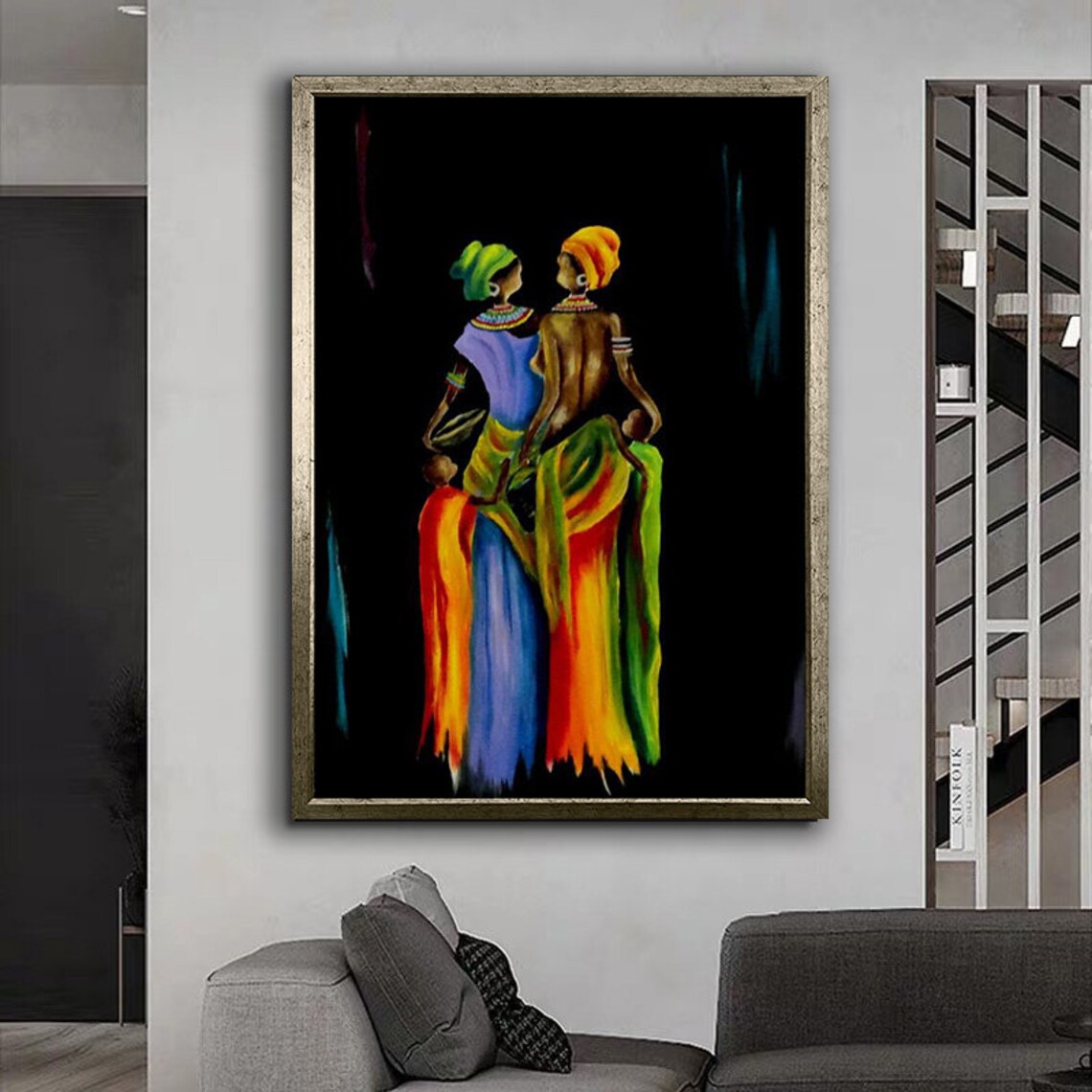 Two African Women Colorful Dresses Abstract Black Background Art Print - Image 4