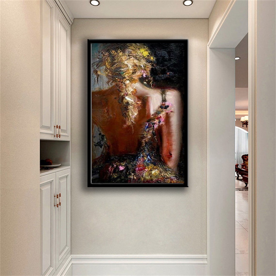 Abstract Oil Woman Back View Thick Impasto Texture Dark Art Poster - Image 3