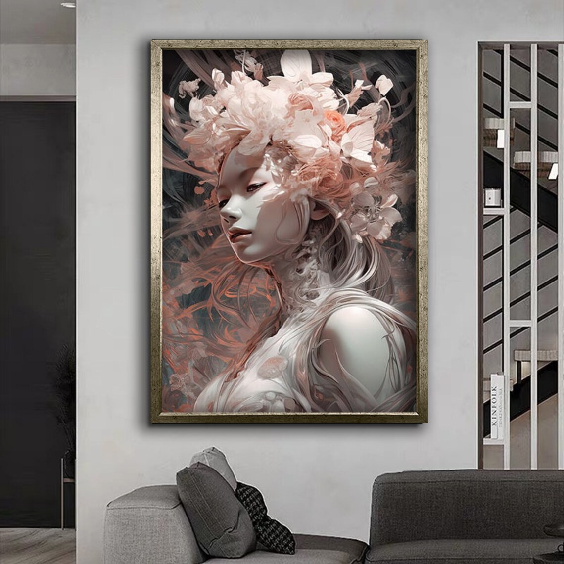 Pink Blossom Hair Woman Portrait Dark Floral Fantasy Art Poster - Image 4