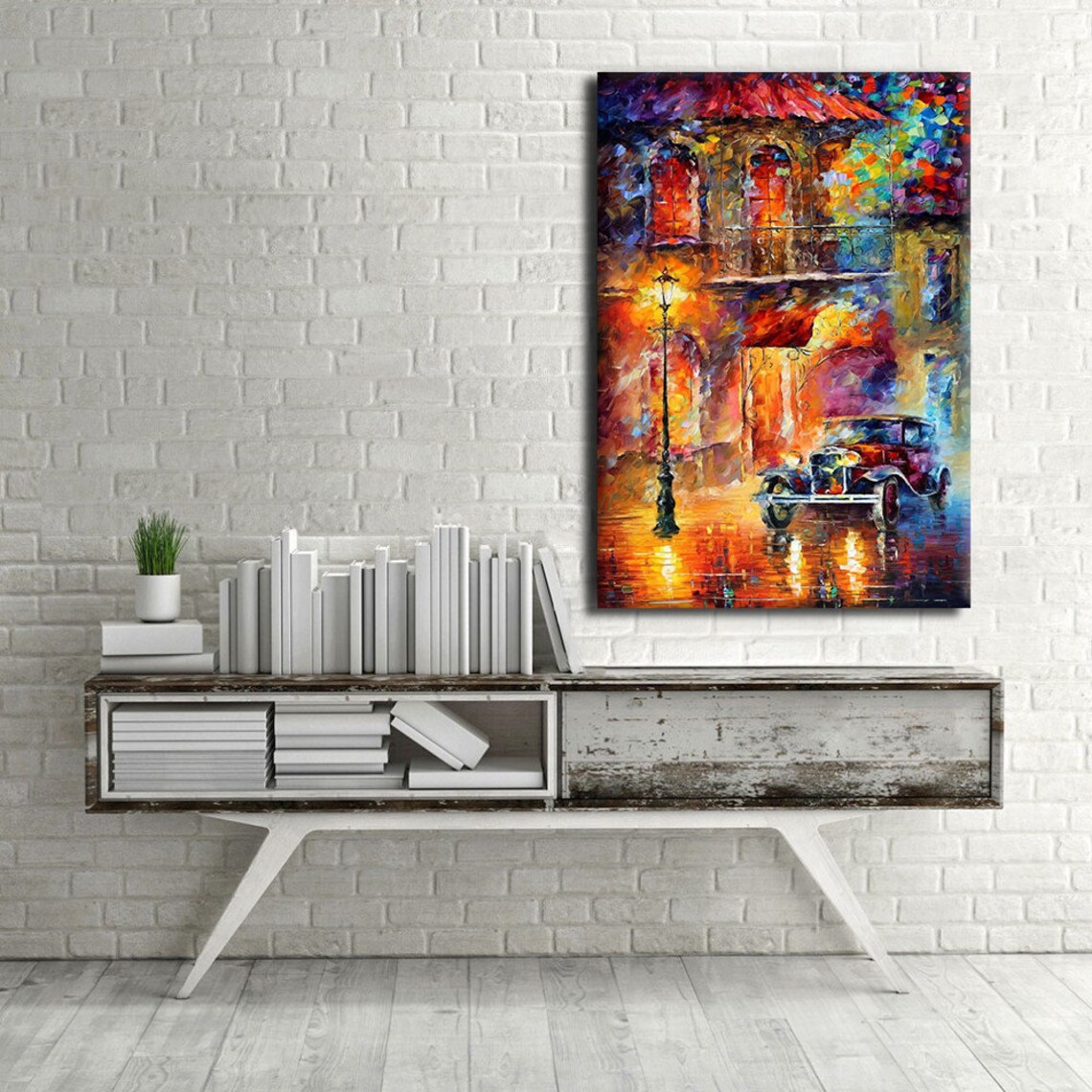 Rainy Vintage Street Night Car Lamp Impressionist Oil Painting Print - Image 4