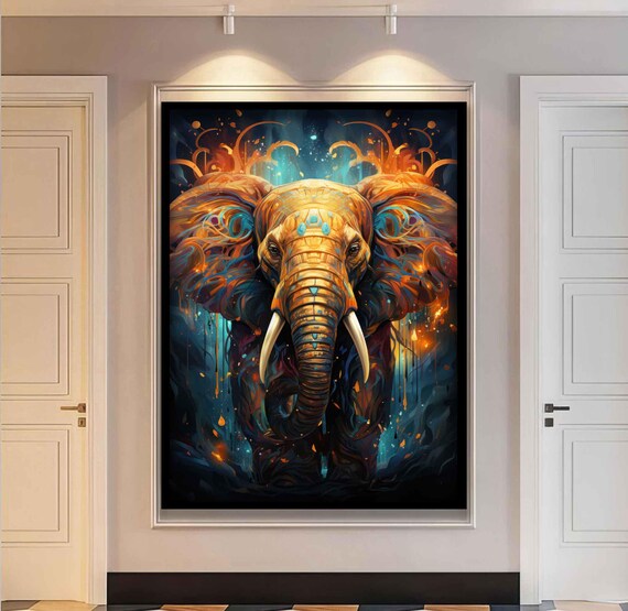 Golden Elephant Portrait Fiery Orange Teal Cosmic Abstract Animal Art Poster