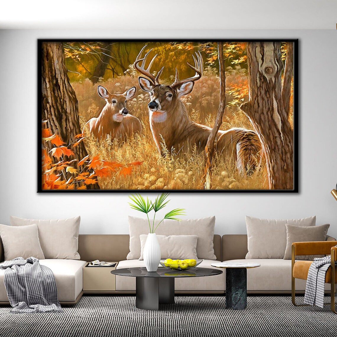 Whitetail Deer Buck And Doe In Golden Autumn Forest Wildlife Poster - Image 2
