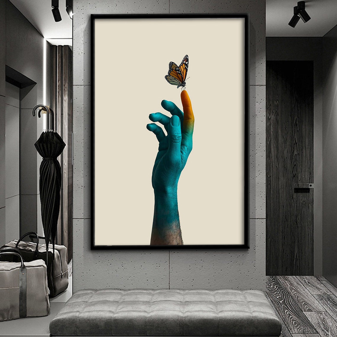 Blue Painted Hand With Monarch Butterfly Cream Minimalist Art Poster - Image 4