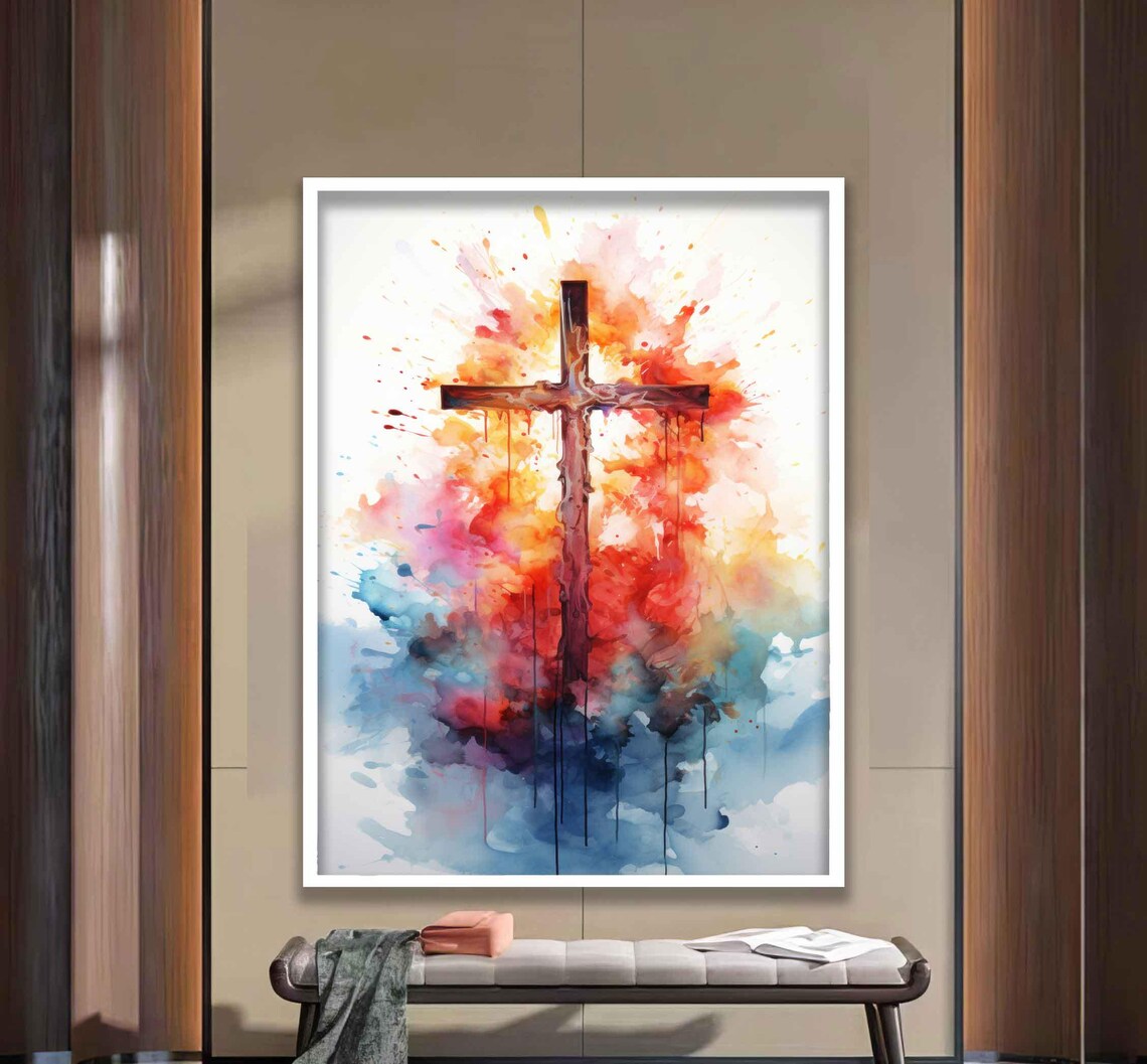 Christian Cross Watercolor Splash Vibrant Colorful Religious Wall Poster - Image 3