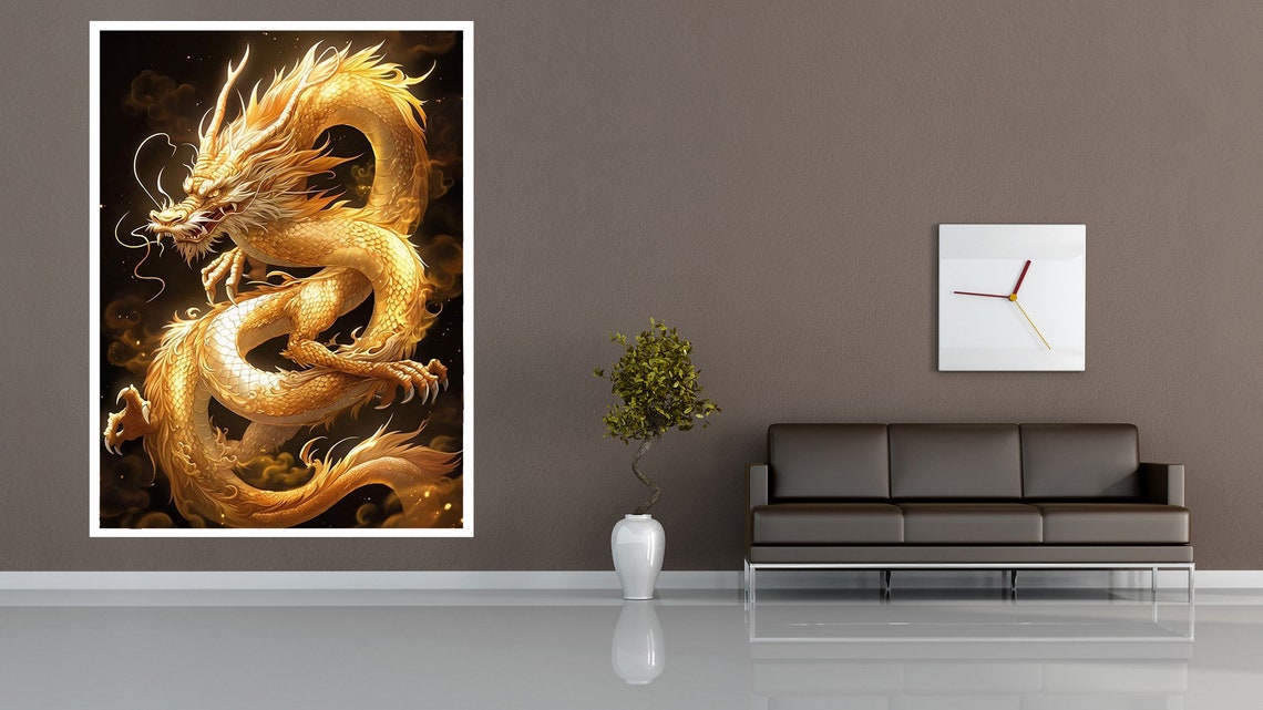 Golden Chinese Dragon Coiled Black Background Mythical Art Poster - Image 3
