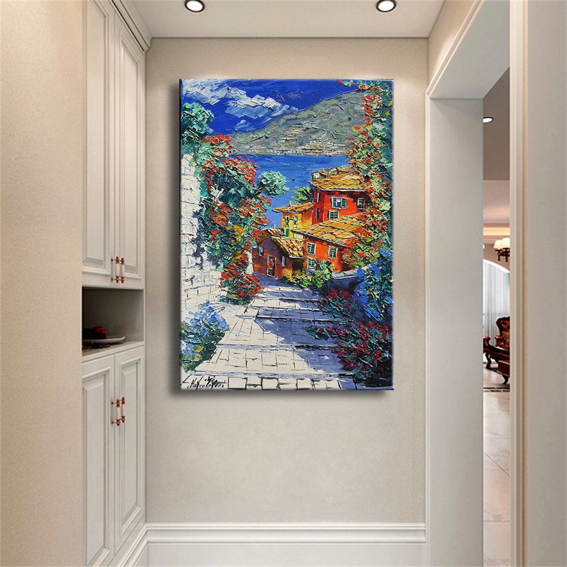 Mediterranean Coastal Village Stone Steps Colorful Sea View Poster - Image 2