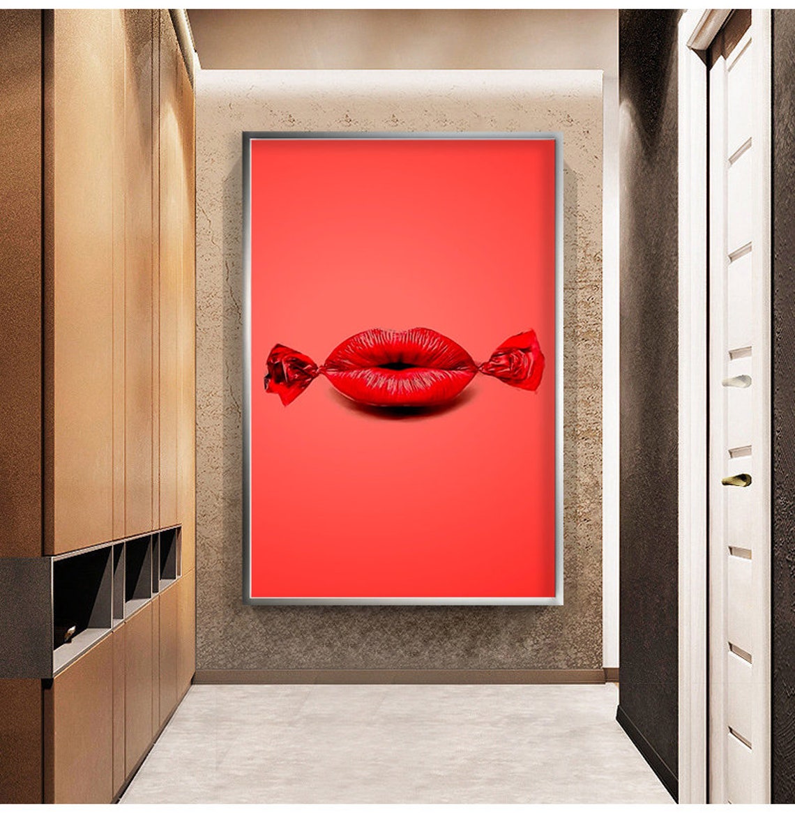 Red Lips Candy Wrapper Playful Pop Art Coral Pink Wall Poster - Image 3