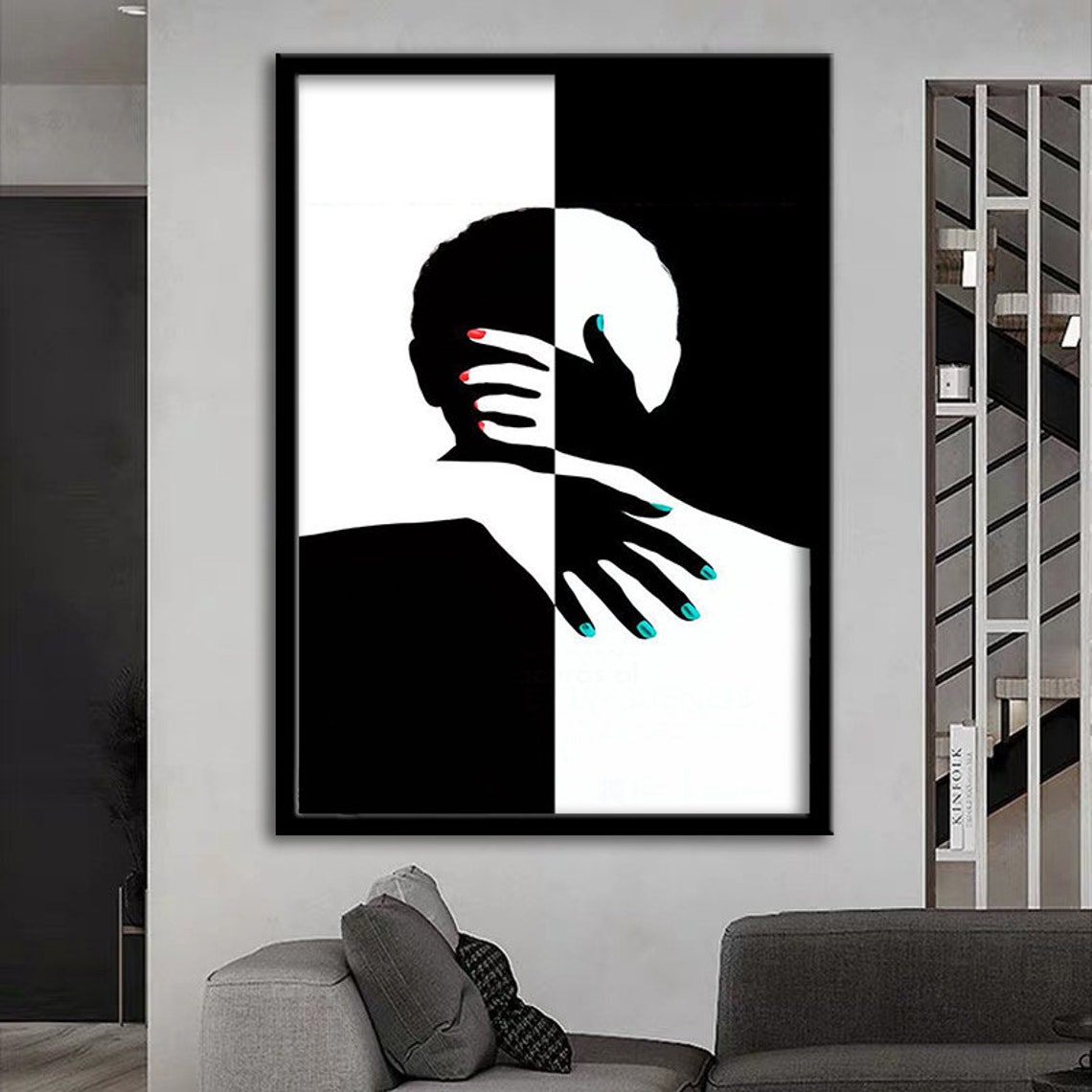Kissing Couple Black White Yin Yang Love Silhouette Art Poster - Image 2