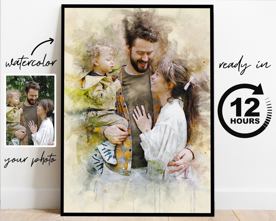 Custom Watercolor Family Portrait Couple with Baby Gift Poster - Image 4