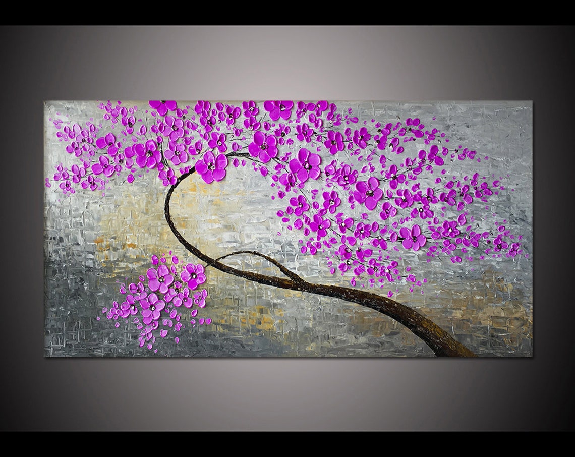 Purple Flower Cherry Blossom Art Abstract Tree Painting Palette Knife Oil Painting On For Living Room Bedroom Decor Wall Art By Lisa