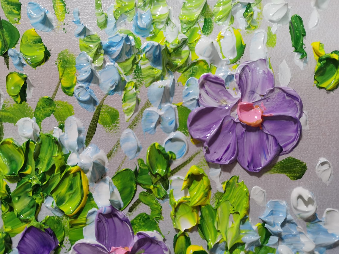 Original Art 3d Blooming Green White Purple Flowers Oil Painting On Living Room Wall Art Palette Knife Painting Textured Wall Art - Image 3