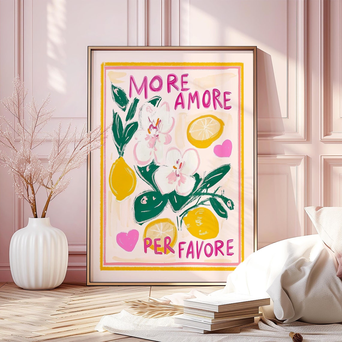 More Amore Per Favore Italian Lemons Hearts Pink Painted Poster