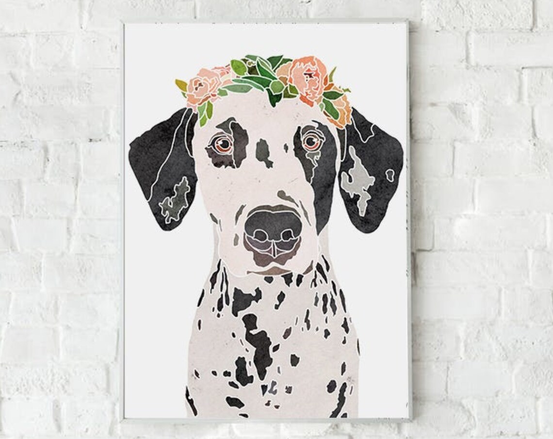 Dalmatian Dog Flower Crown Watercolor Portrait