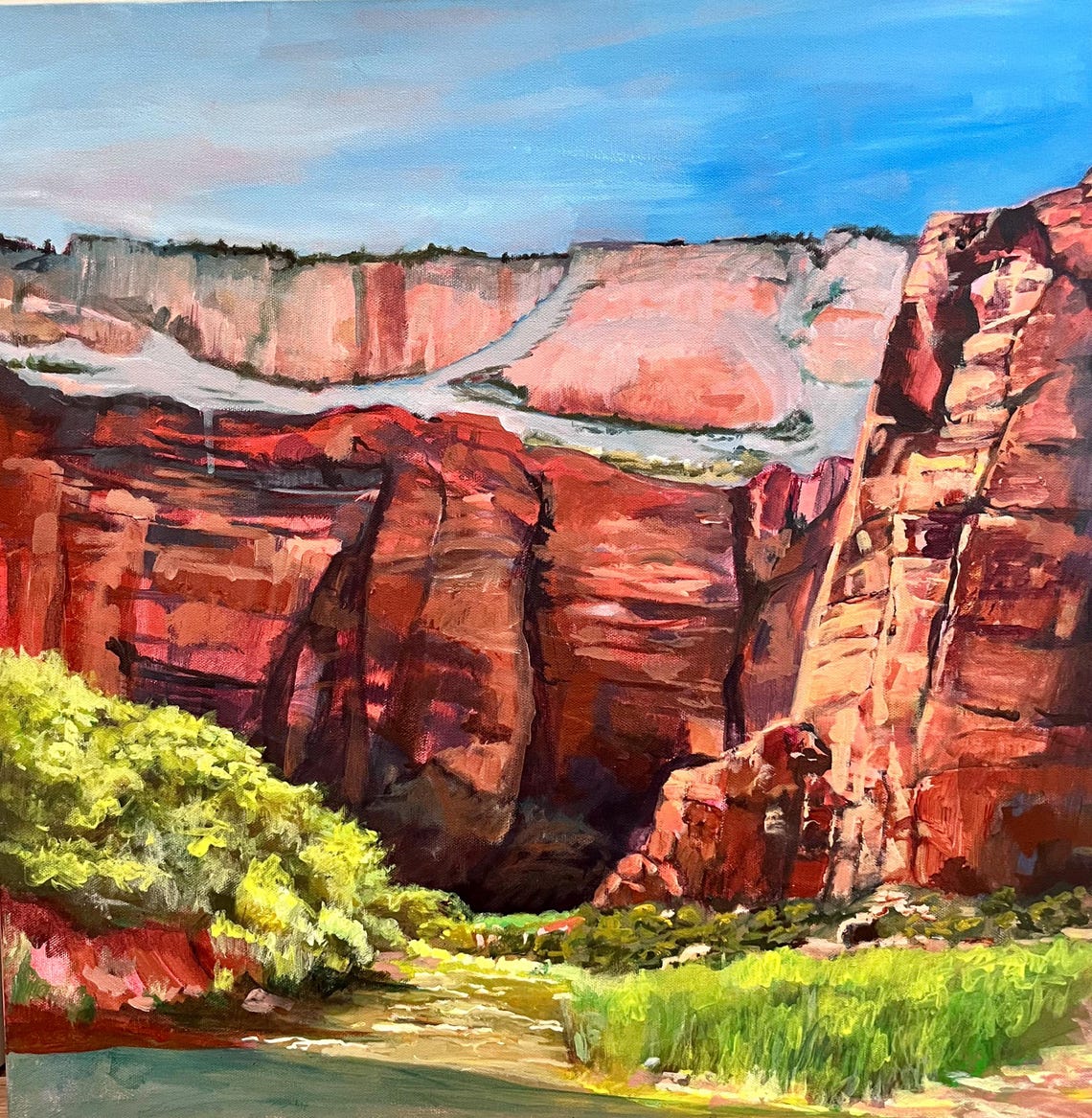 Towering Red Rock Canyon Cliffs with a Slender Waterfall Poster