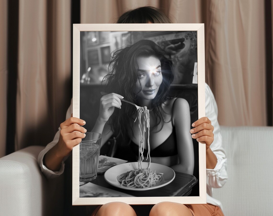 Sexy Woman Eating Pasta Black And White Art Vintage Wall Art Funny Art Pasta Picnic On Lake Picnic On Lake Art