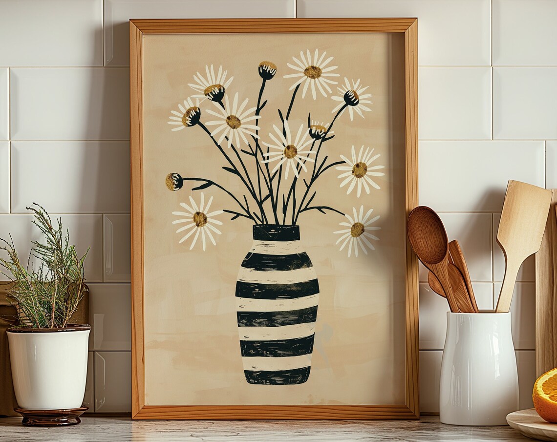 Daisy Vase Boho Neutral Floral Illustration