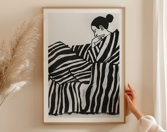 Contemplative Woman In Striped Kimono Black And White Line Drawing Art Poster