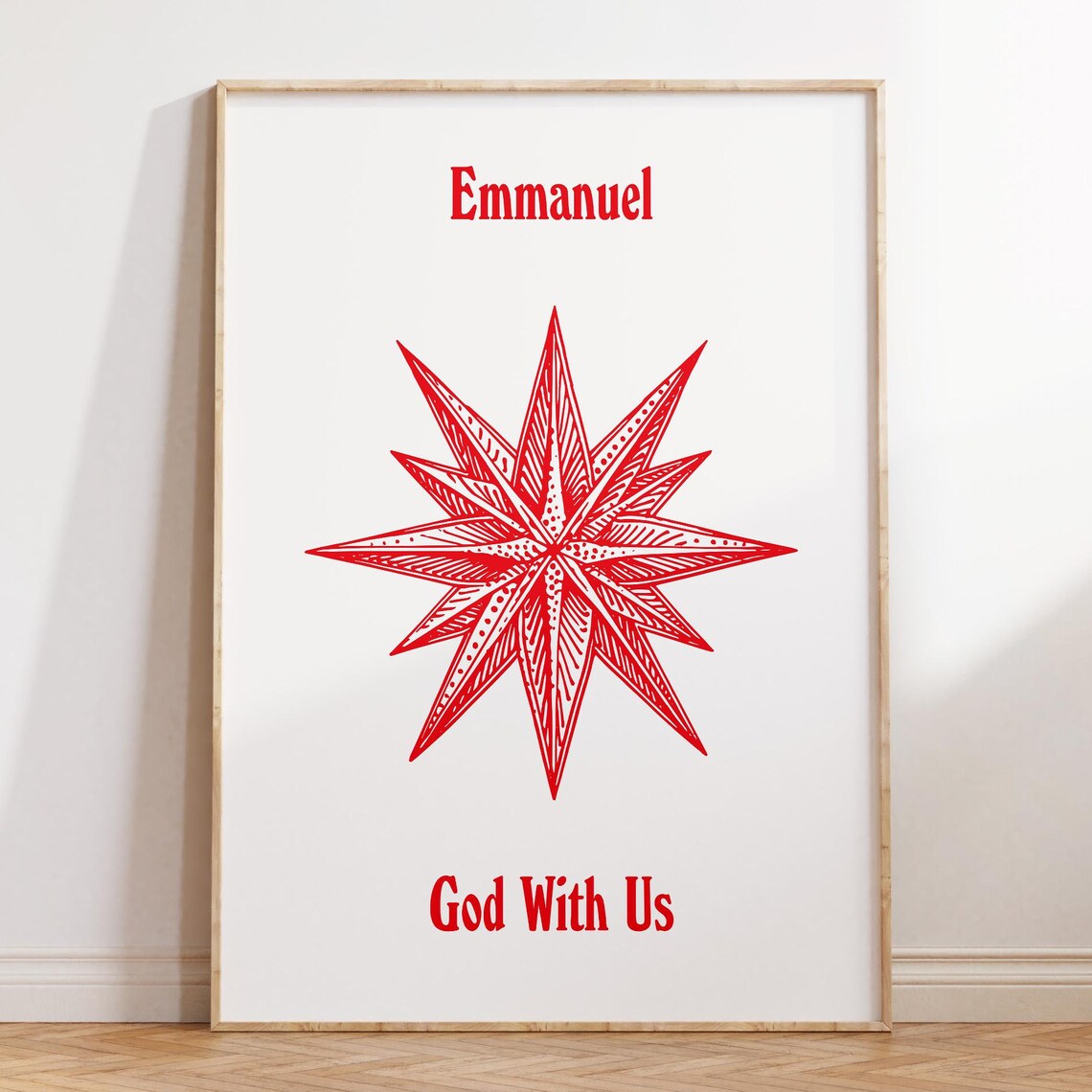 Emmanuel God With Us Christmas Star Red Line Art Holiday Poster