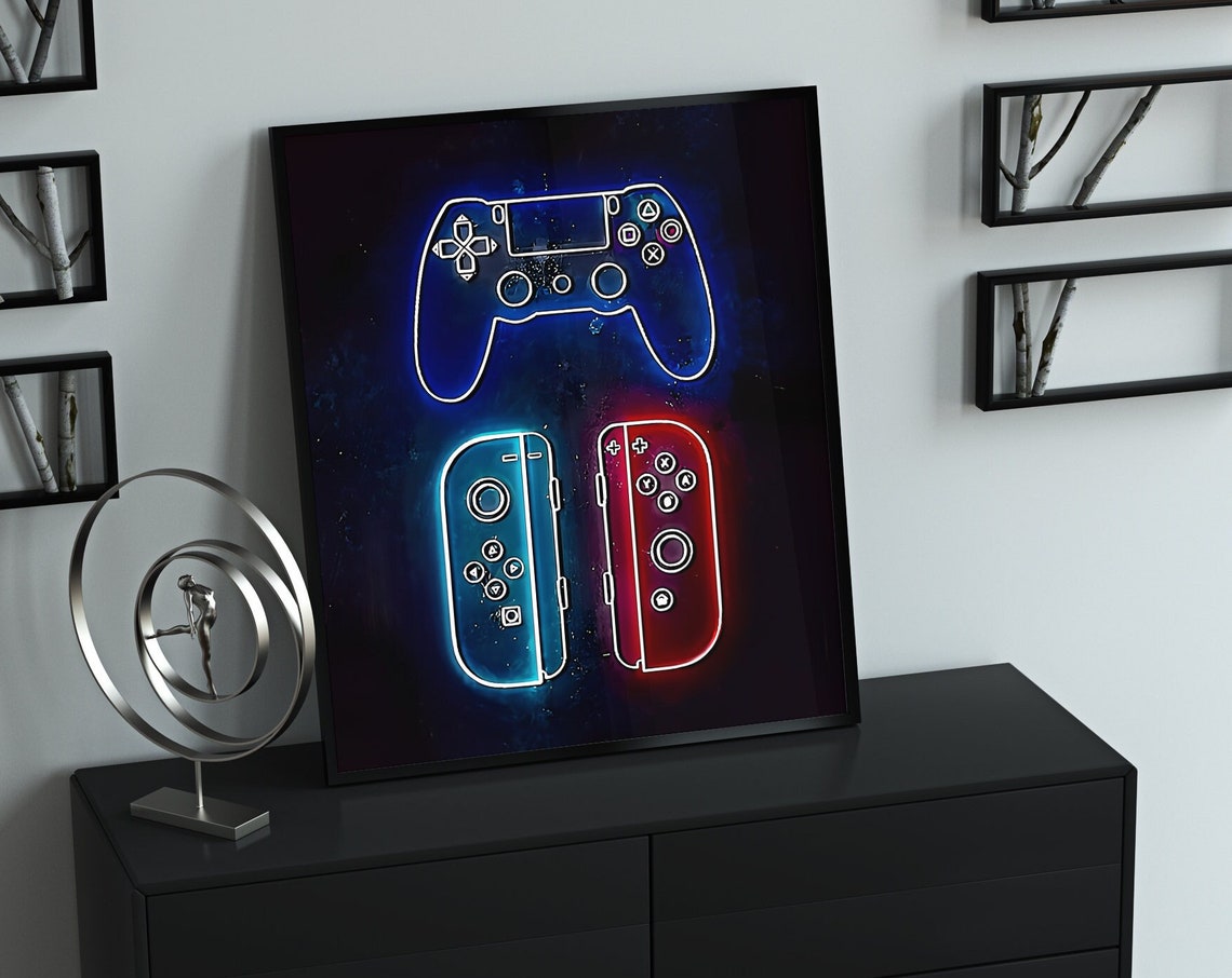 Neon Glow Game Controller Art Blue Red Game Room Decor Poster