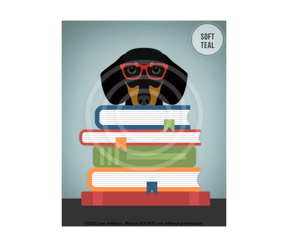 Dachshund Wearing Red Glasses With Stack of Books Funny Dog Poster - Image 4