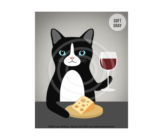 Black And White Cat Drinking Red Wine Cheese Funny Cat Wall Art Poster
