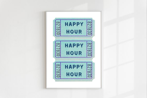 Happy Hour Print Trendy Wall Art Prints Retro Bar Cart Art Print Happy Hour Ticket Stub Poster Preppy Decor Retro Aesthetic Prints