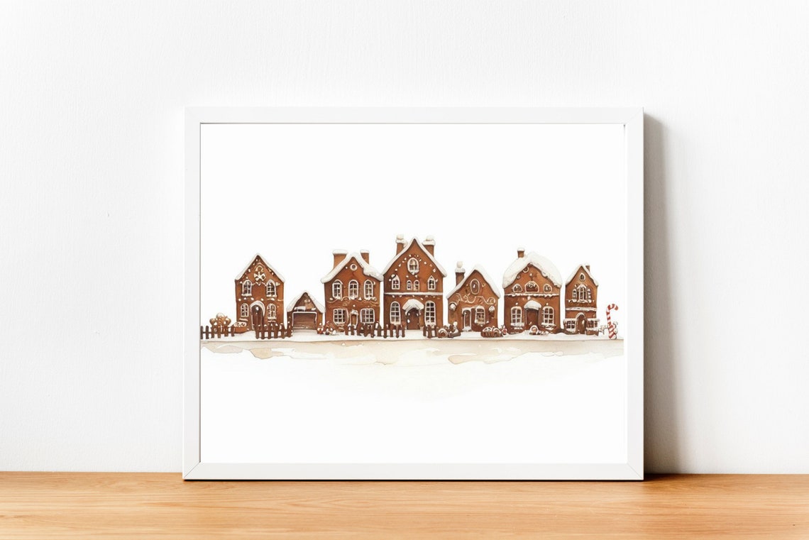 Gingerbread House Christmas Village Watercolor Holiday Wall Art - Image 2