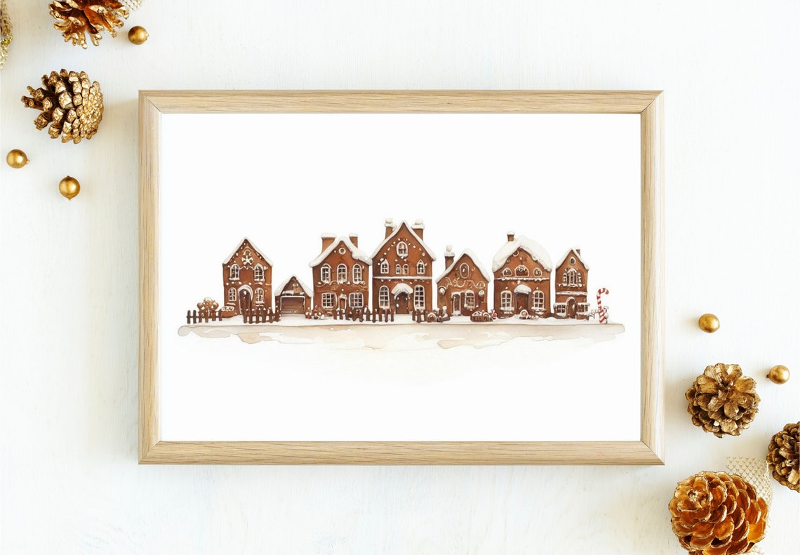 Gingerbread House Christmas Village Watercolor Holiday Wall Art - Image 3