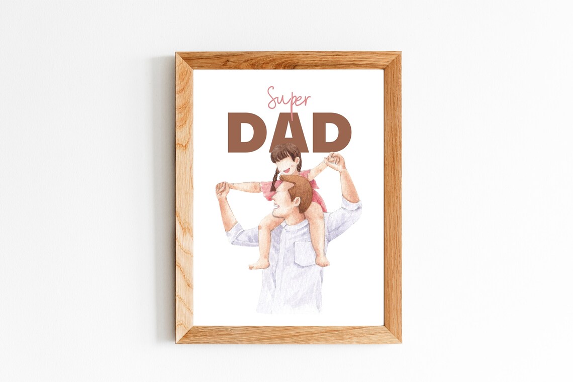 Super Dad Watercolor Father Daughter Shoulder Ride Gift Poster - Image 2