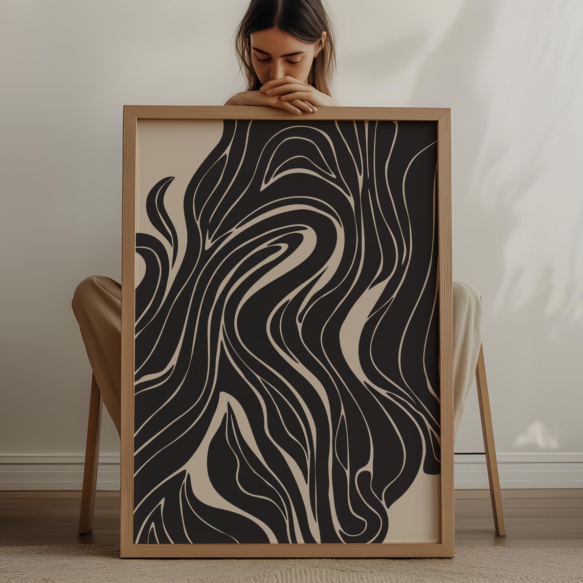 Abstract Black Beige Swirling Curved Lines Wave Modern Art Print