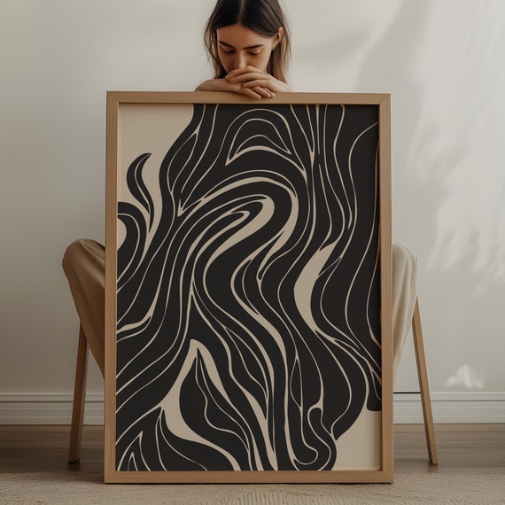 Large Beige And Black Abstract Organic Lines Art Mid Century Modern Print For Moody Living Rooms 1804
