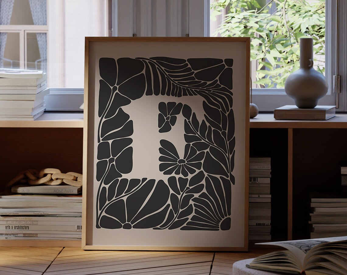 Letter F Botanical Monogram Black Floral Initial Art Nouveau Poster