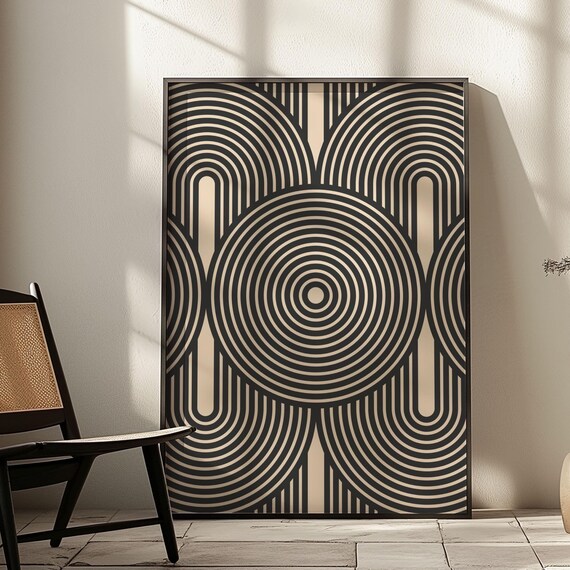 Mid Century Minimalist Lines Art Poster Abstract Geometric Beige And Black Print Neutral Abstract Office Wall Decor 1901