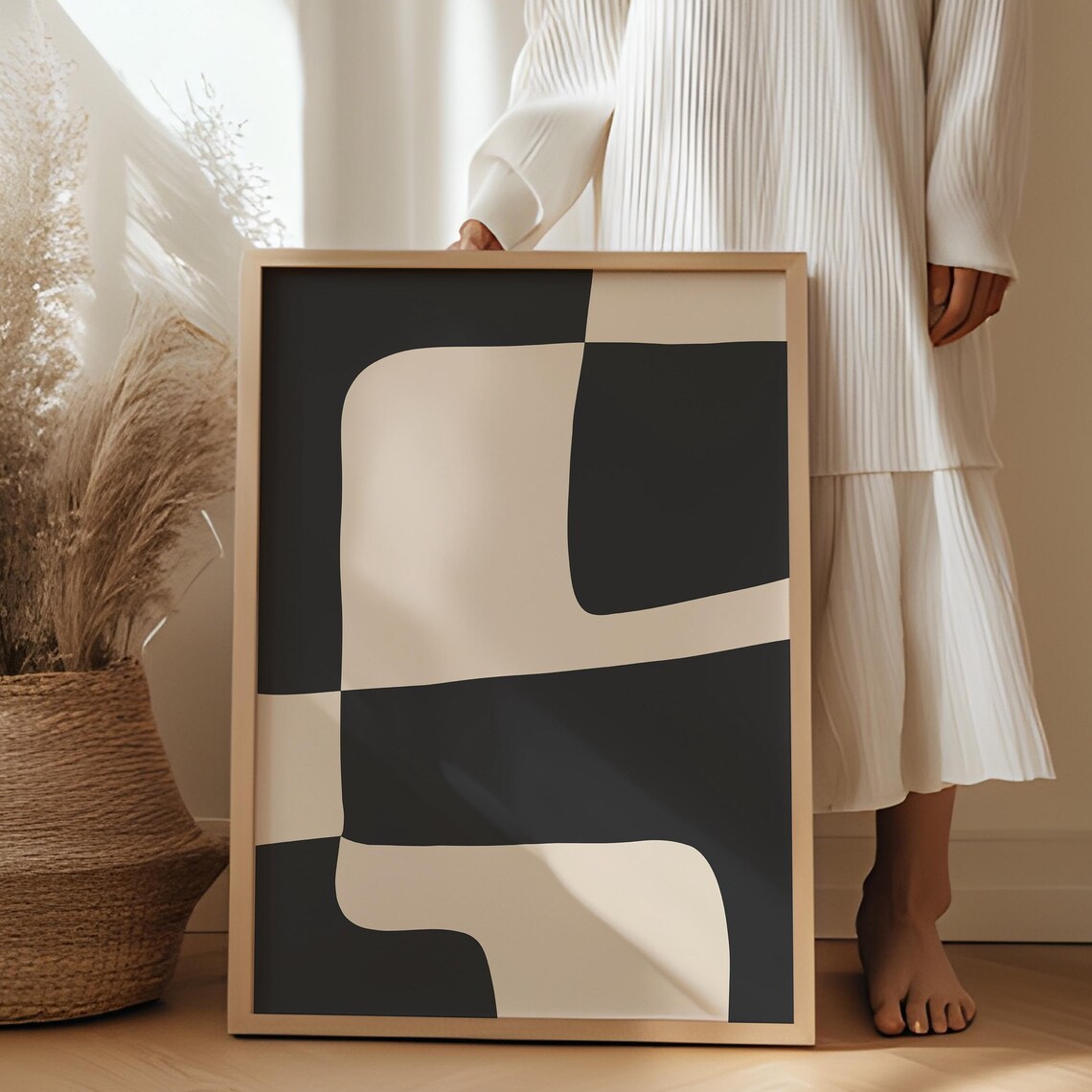 Modern Abstract Black Beige Art Print, Mid-Century
