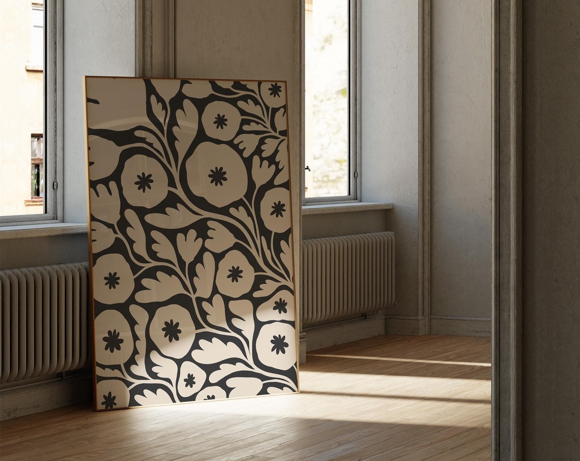 Modern Dark Floral Folk Pattern Black Beige Vintage Wall Art