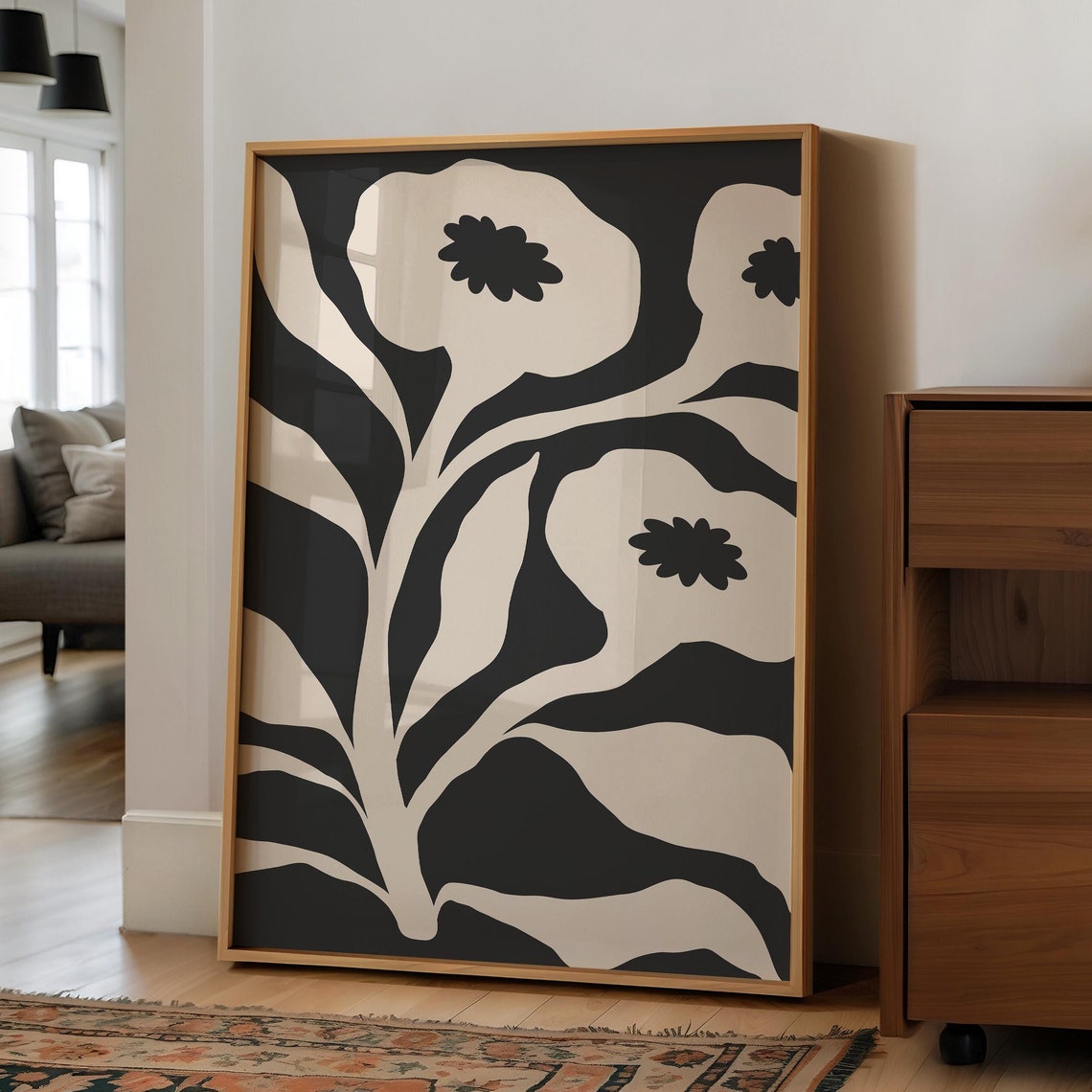 Bold Black and Cream Abstract Floral Statement Mid Century Print