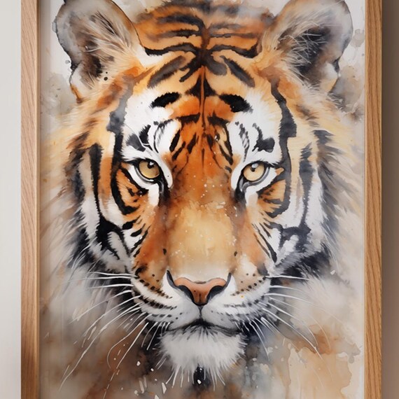 Watercolor Tiger Face Close Up Wild Jungle Cat Portrait Animal Poster