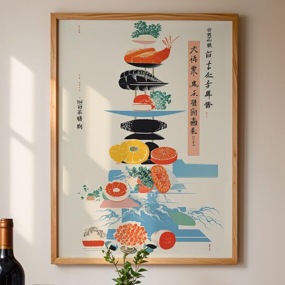 Japanese Cuisine Poster Traditional Ramen Food Stack Art Print In Ukiyoe Style Kitchen Illustration Drawing Painting