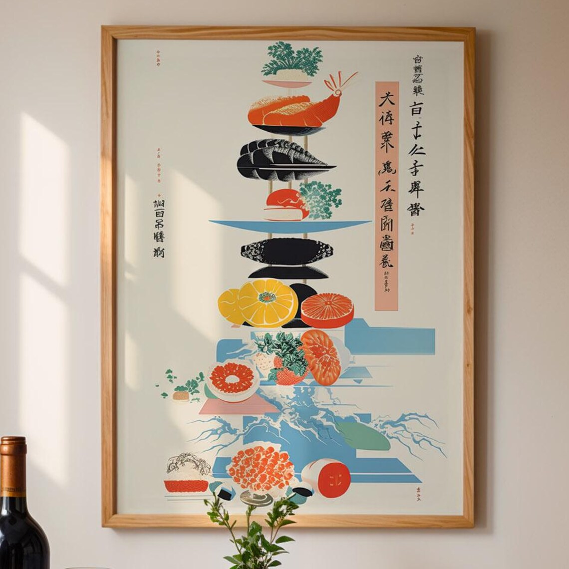 Japanese Stacked Sushi And Ramen Tower Ukiyo E Style Food Poster