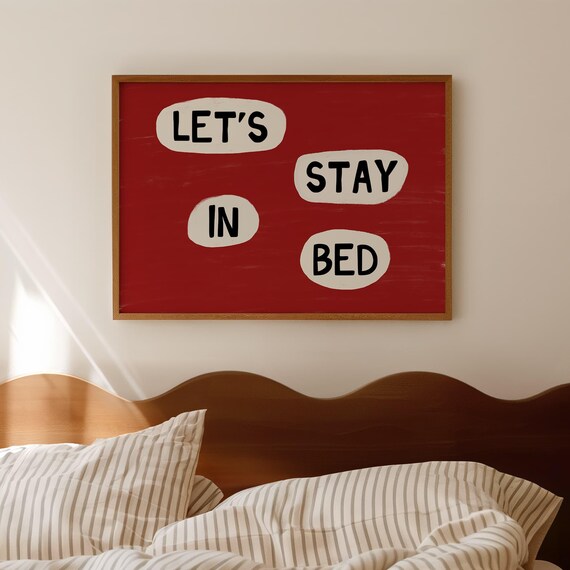 Let's Stay In Bed Red Playful Hand Lettered Cozy Bedroom Poster