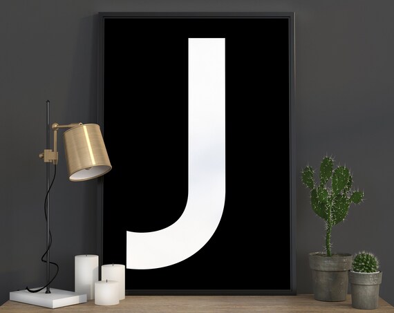 White Letter J on Black Scandinavian Minimalist Initial Poster