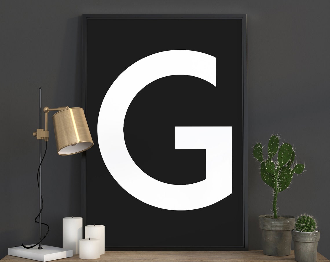 White Letter G Initial On Black Scandinavian Typography Poster