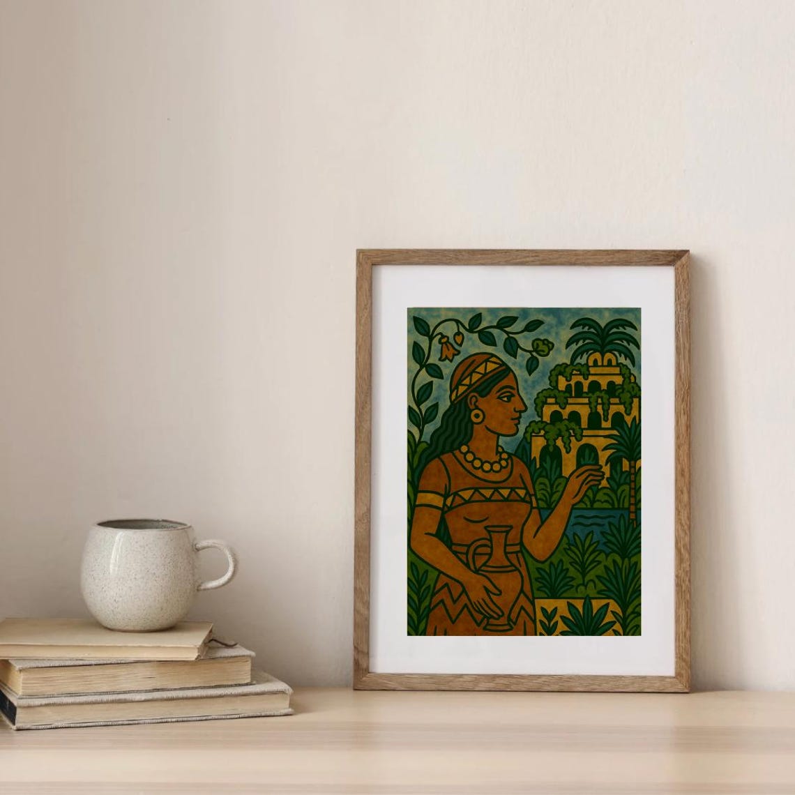 Ancient Garden Goddess Holding Clay Water Jug Palm Trees Art Poster