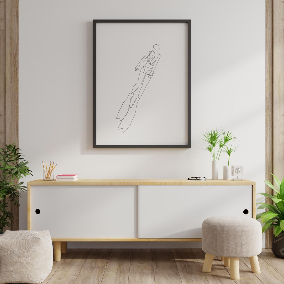 One Line Female Diver With Fins Minimalist Ocean Swimming Art Poster - Image 2