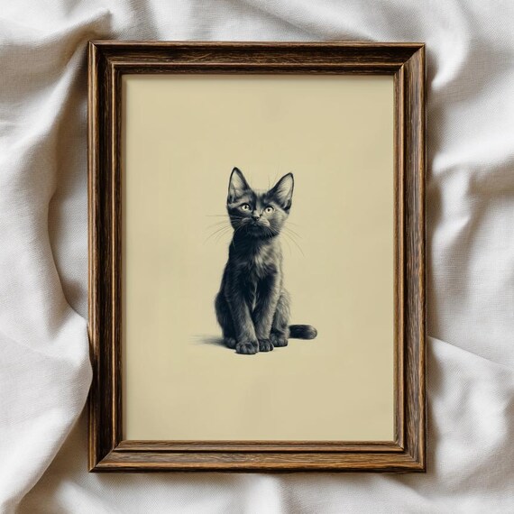 Black Kitten Portrait Minimalist Warm Cream Background Wall Art