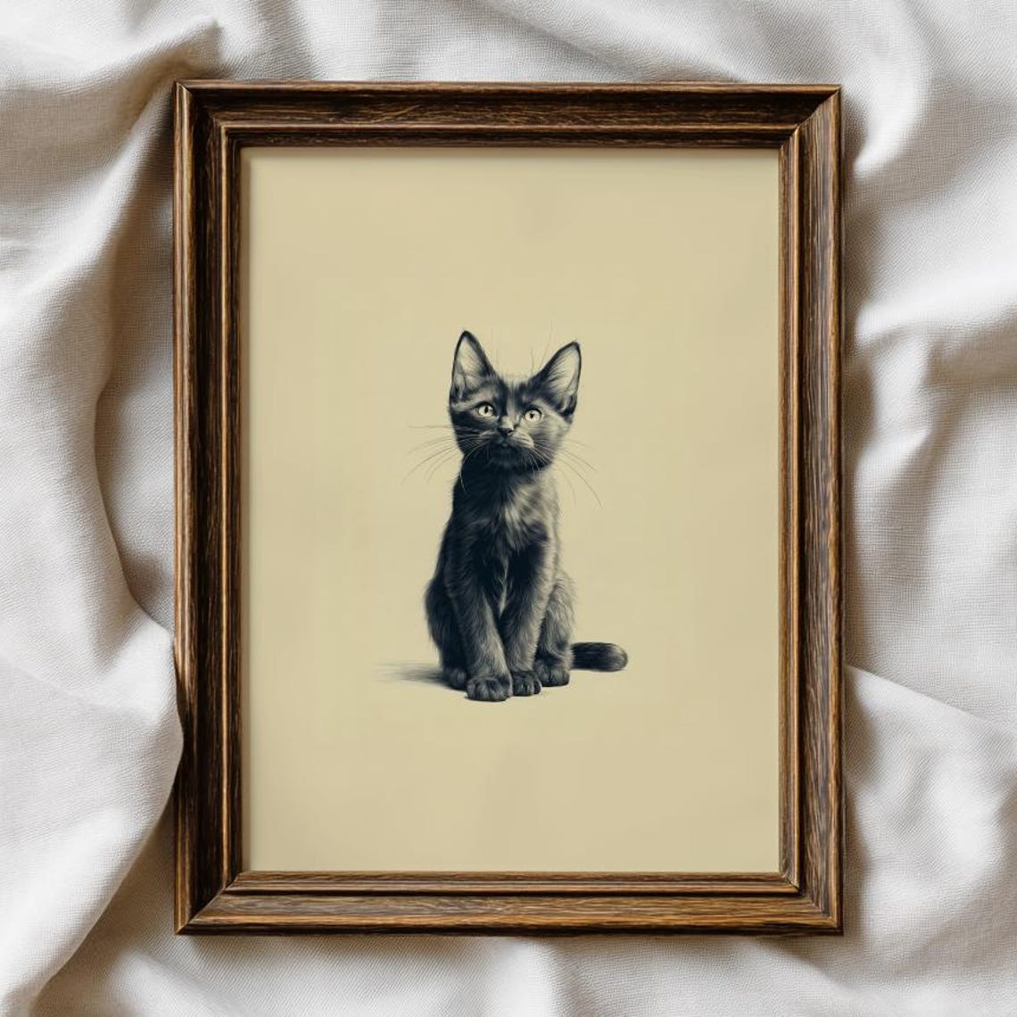 Black Kitten Portrait Minimalist Warm Cream Background Wall Art